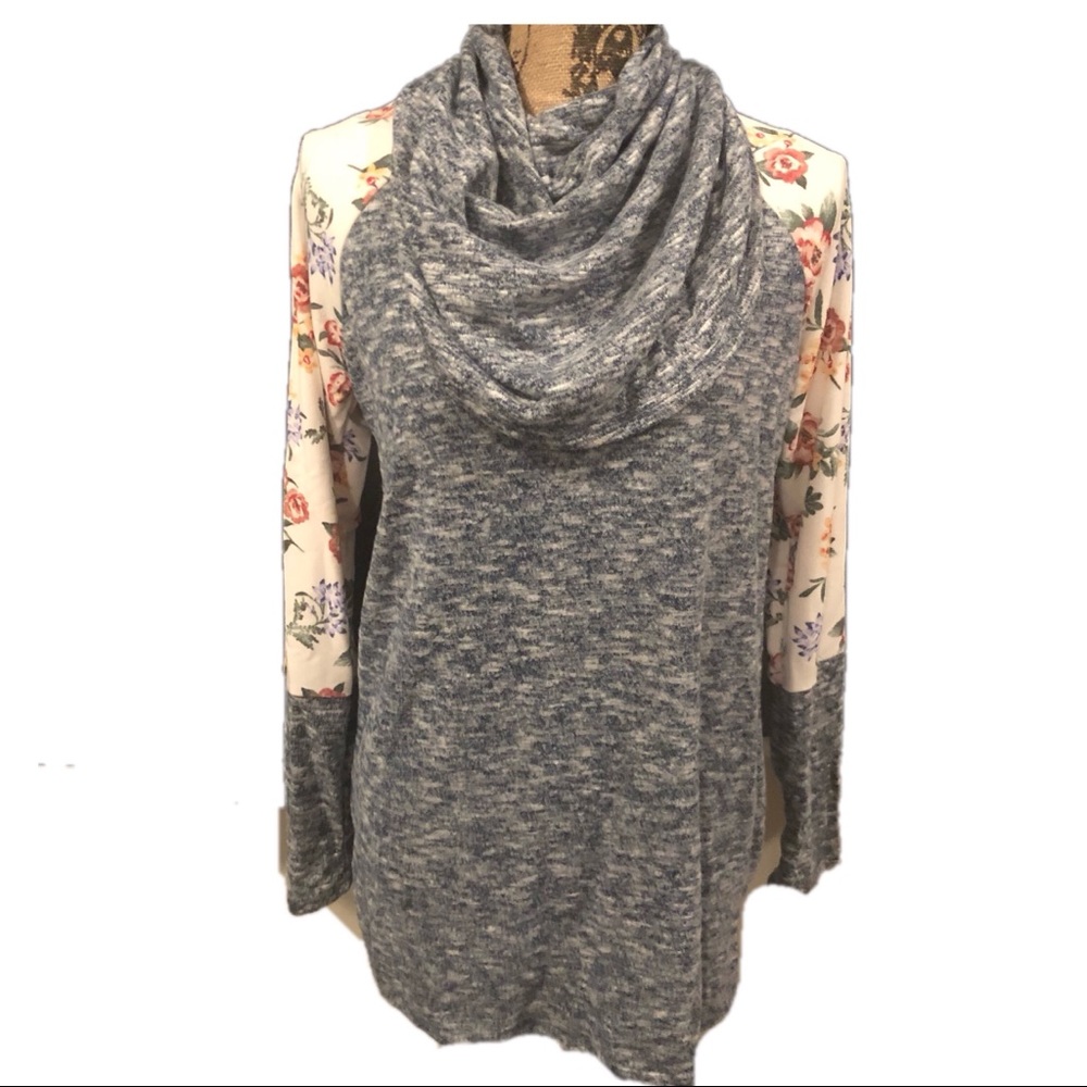 Blue Floral-Sleeves Cowl Neck Tunic